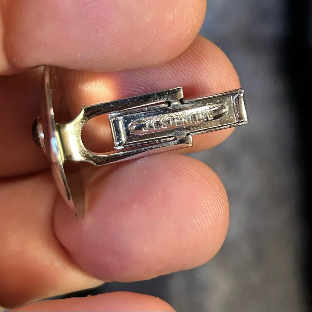 Gentleman’s Vintage JML Sterling art deco etched cat eye glass cuff links